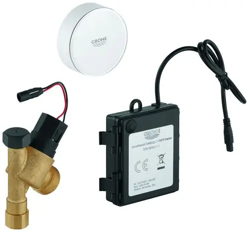 GROHE Absperrventil mit Anschluss für eine elektrische Steuerung, kombiniert mit einem Batteriefach und einem runden, weißen Steuergerät. Alle Teile sind in einem schlichten Design gehalten.