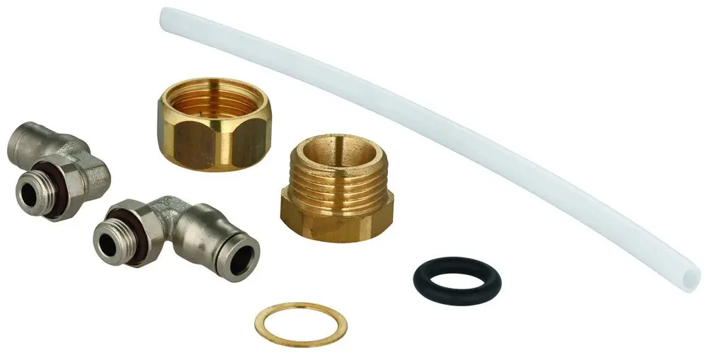 GROHE Verbindungselemente für Druckspüler, bestehend aus Metall- und Kunststoffteilen, einschließlich O-Ringen und Dichtungen für die Montage.