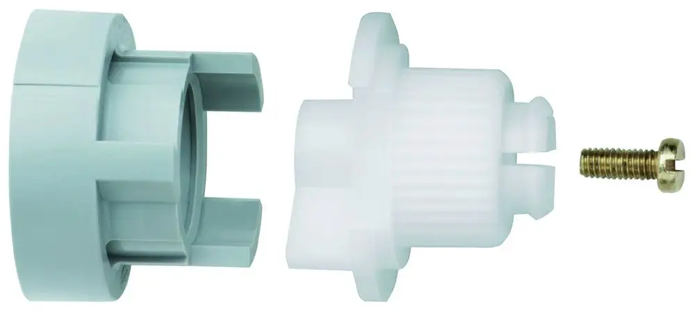 GROHE Bauteil mit grauem Außenring und weißem Innenstück, das in ein Thermostat integriert werden kann, inklusive einer kleinen Schraube.