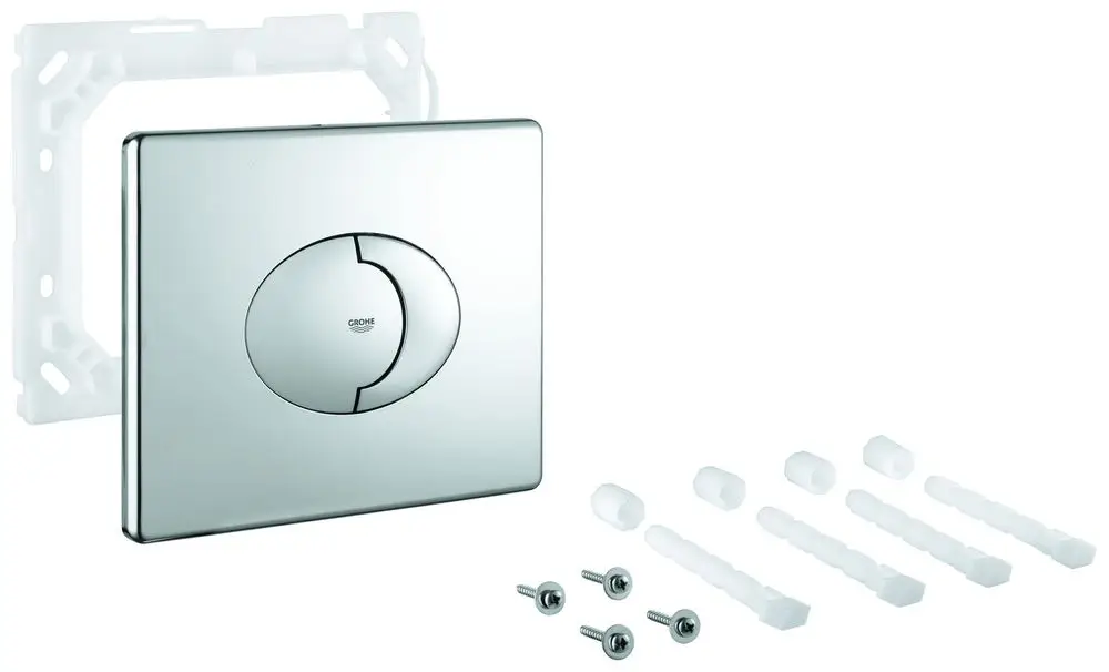 GROHE WC-Betätigung in Chrom mit einem runden Betätigungsmechanismus. Im Bild sind auch Montageschrauben und Platten für die Installation zu sehen.