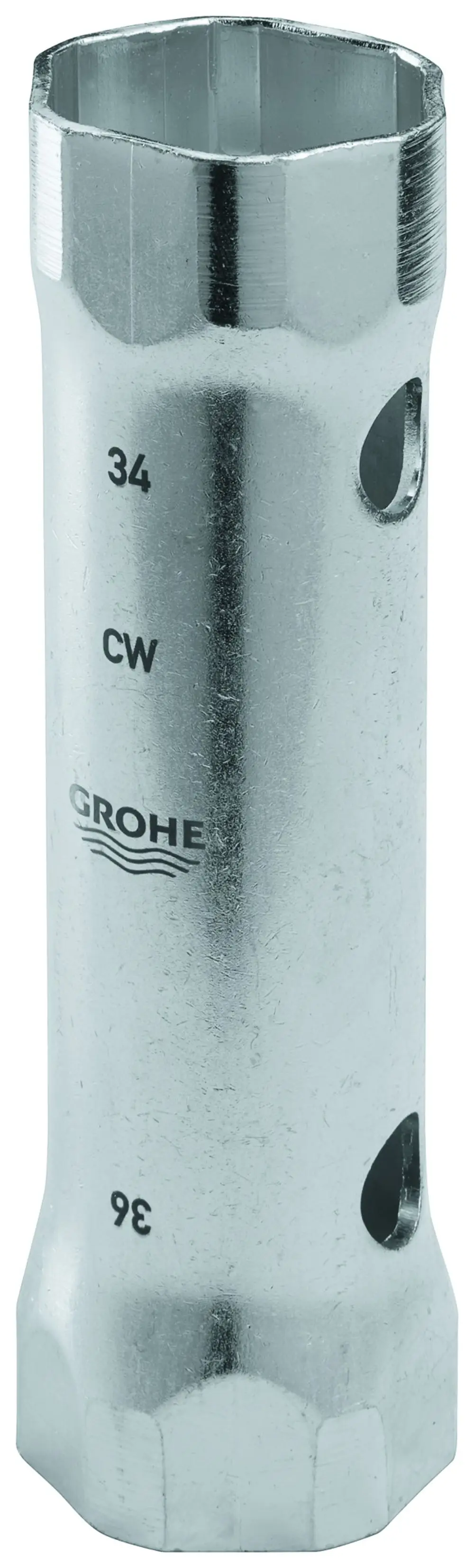 Verchromter Steckschlüssel mit mehreren Aussparungen. Auf der Seite sind Zahlen eingraviert. Das Produkt ist von der Marke Grohe.