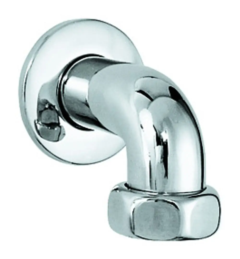 Chromfarbener Abgangsbogen von Grohe mit einem gebogenen Ende und einer Wandmontageplatte. Der Anschluss hat eine quadratische Form unten.