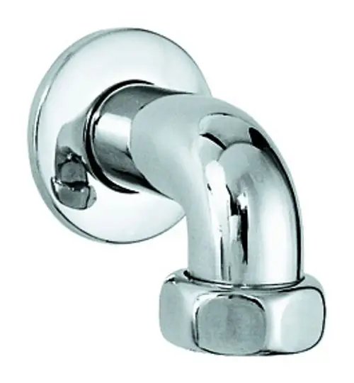 Chromfarbener Abgangsbogen von Grohe mit einem gebogenen Ende und einer Wandmontageplatte. Der Anschluss hat eine quadratische Form unten.
