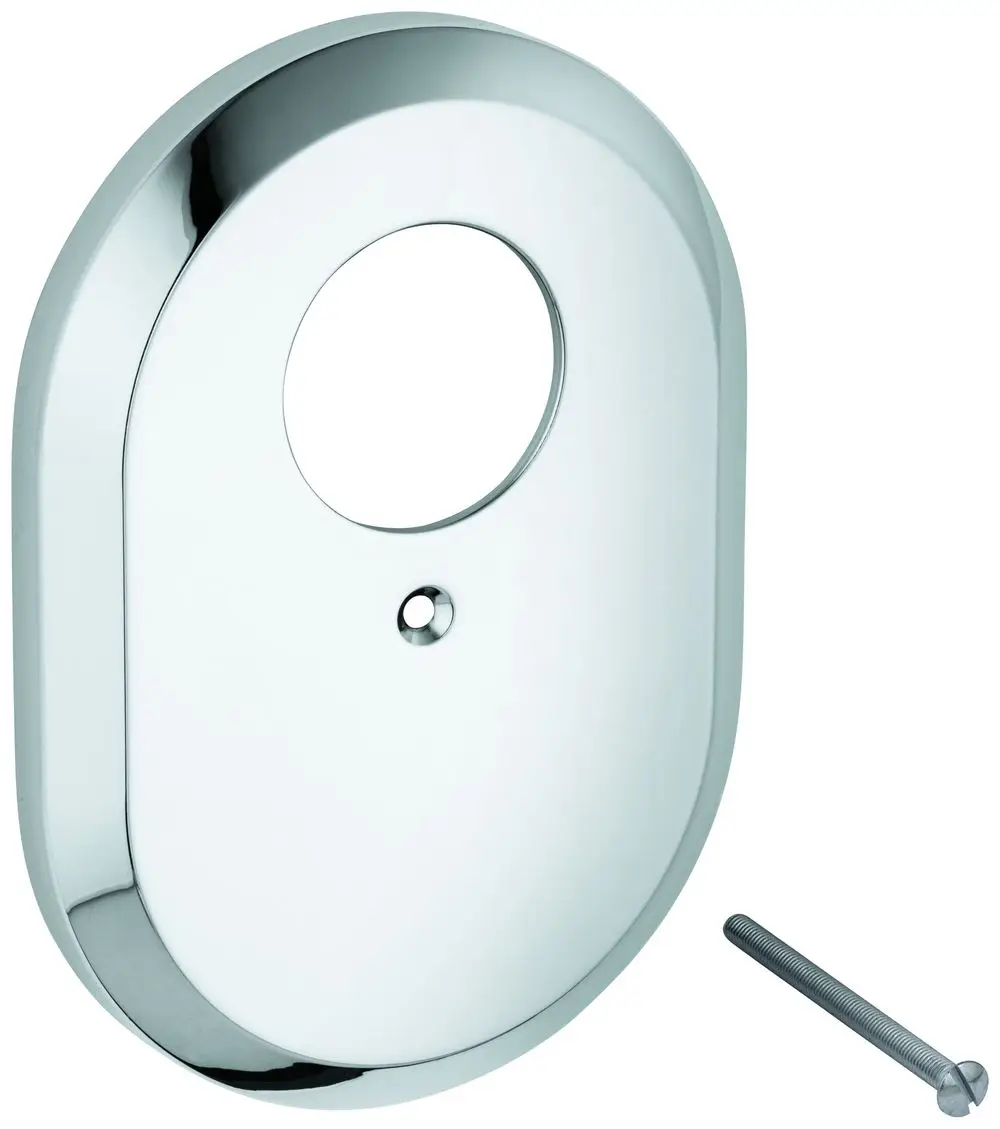 Chromene Abdeckplatte mit ovalem Loch und Schraube, geeignet für die Montage an Sanitäranlagen. Hersteller Grohe.