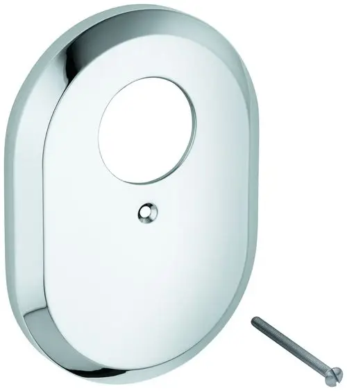 Chromene Abdeckplatte mit ovalem Loch und Schraube, geeignet für die Montage an Sanitäranlagen. Hersteller Grohe.