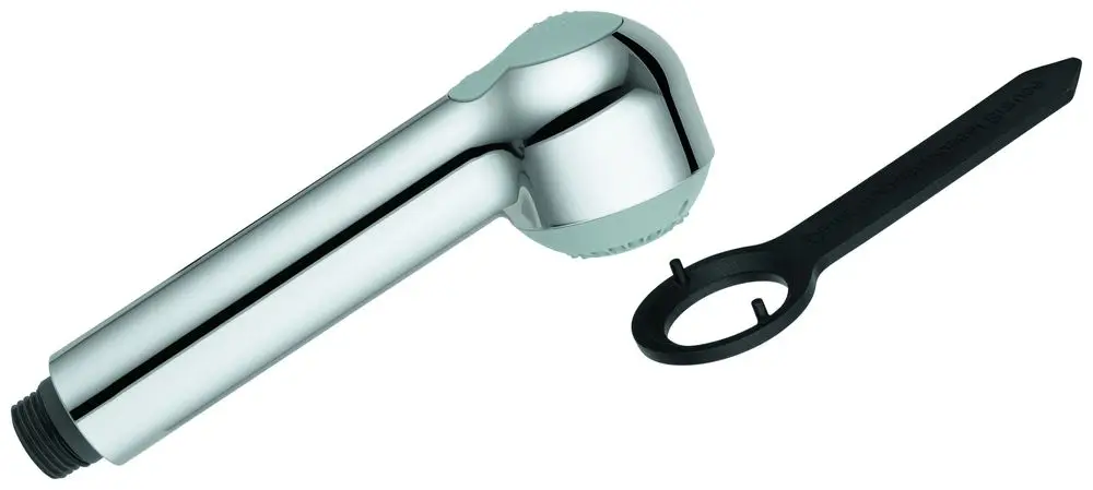 Grohe Duschkopf mit abgerundetem Design und eine Handschraube zur Befestigung, präsentiert in Chrom.