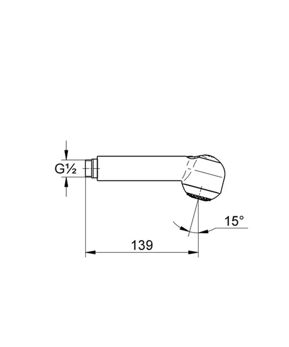 Brausekopf mit einem abgewinkelten Auslauf und einer Wasserbzauswahl von Grohe, in einer modernen Formgebung. Sichtbare Drehung um 15 Grad, Gesamtlänge ca. 139 mm.