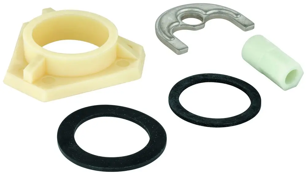 Montageset bestehend aus mehreren Teilen, darunter ein Kunststoffelement und Dichtungen, geeignet für Grohe Produkte. Ersatzteile zur Befestigung und Abdichtung.