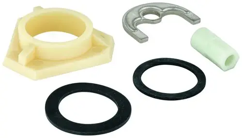 Montageset bestehend aus mehreren Teilen, darunter ein Kunststoffelement und Dichtungen, geeignet für Grohe Produkte. Ersatzteile zur Befestigung und Abdichtung.