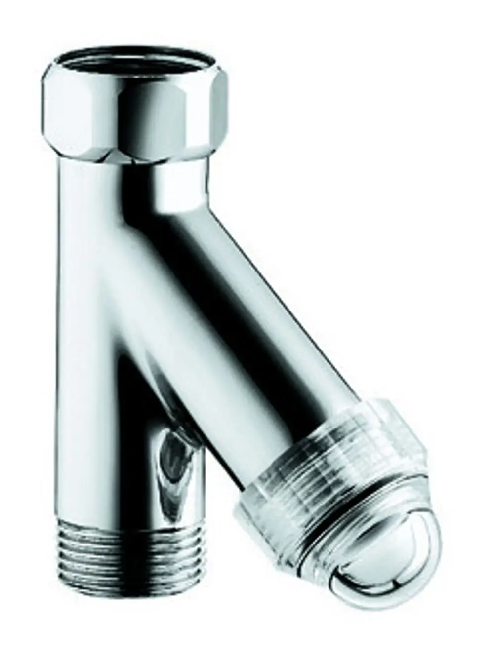 Chromfarbener Wasserfilter mit schräger Form und transparenter Kappe, geeignet für die Installation in Wasserleitungen, zu sehen mit Gewindeanschluss von Grohe.