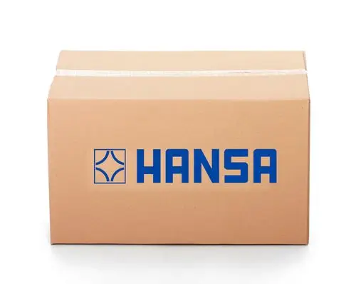 Brauner Pappkarton mit dem blauem Logo "HANSA" auf einer Seite, abgeklebt an der Oberseite.