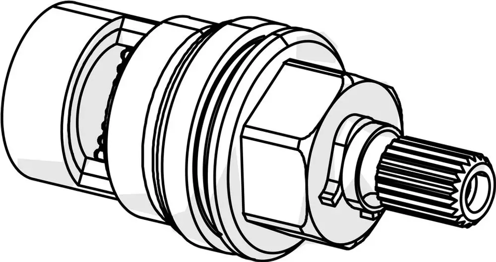 Oberteil eines Wasserhahns mit einem runden Gehäuse und einem angeschraubten, geriffelten Antrieb. Das Design ist funktional und wird von der Marke HANSA hergestellt.