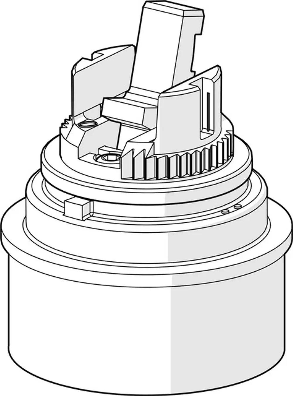 Kartusche von HANSA, mit einem zentralem Mechanismus und Spiralrillen, montiert auf einem zylinderförmigen Gehäuse, in kontrastreichem Design.