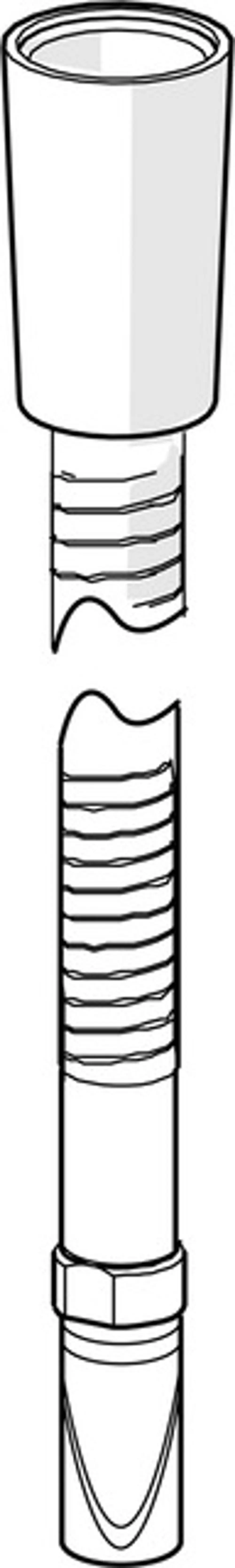 Schlauch mit Gewinde, dargestellt in zwei Teilen. Oben ein Korpus mit Gewinde, unten ein konisch zulaufendes Ende. Produktinformationen deuten auf die Marke HANSA hin.
