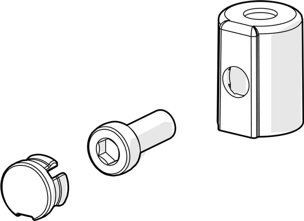 Drei Komponenten eines Kunststoffteils in Chrome, bestehend aus einer Kappe, einer Schraube mit Sechskant und einem Gehäuse. Zubehörteil von HANSA.