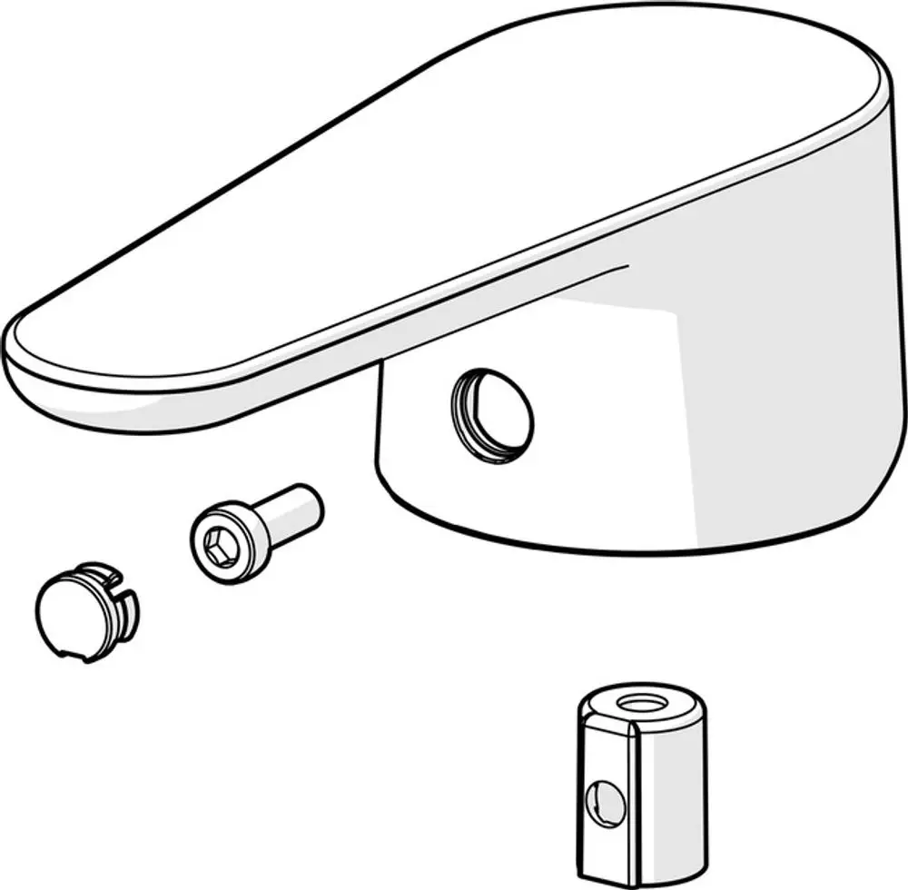 Hebel von HANSA in chromierter Ausführung, zusammen mit zwei Schrauben und einem Einbauteil. Der Hebel hat eine schwenkbare Form und ist für eine Montage vorgesehen.