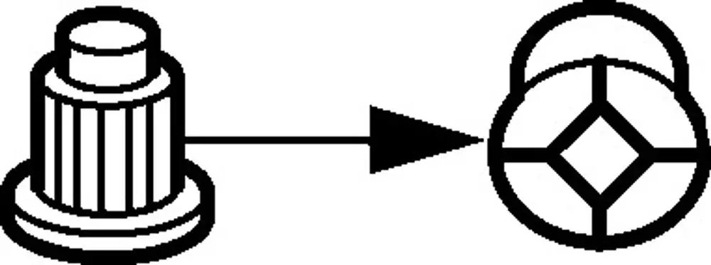 Adapter von HANSA mit einem zylindrischen Anschluss und Pfeil, der auf ein mehrteiliges Verbindungselement hinweist.