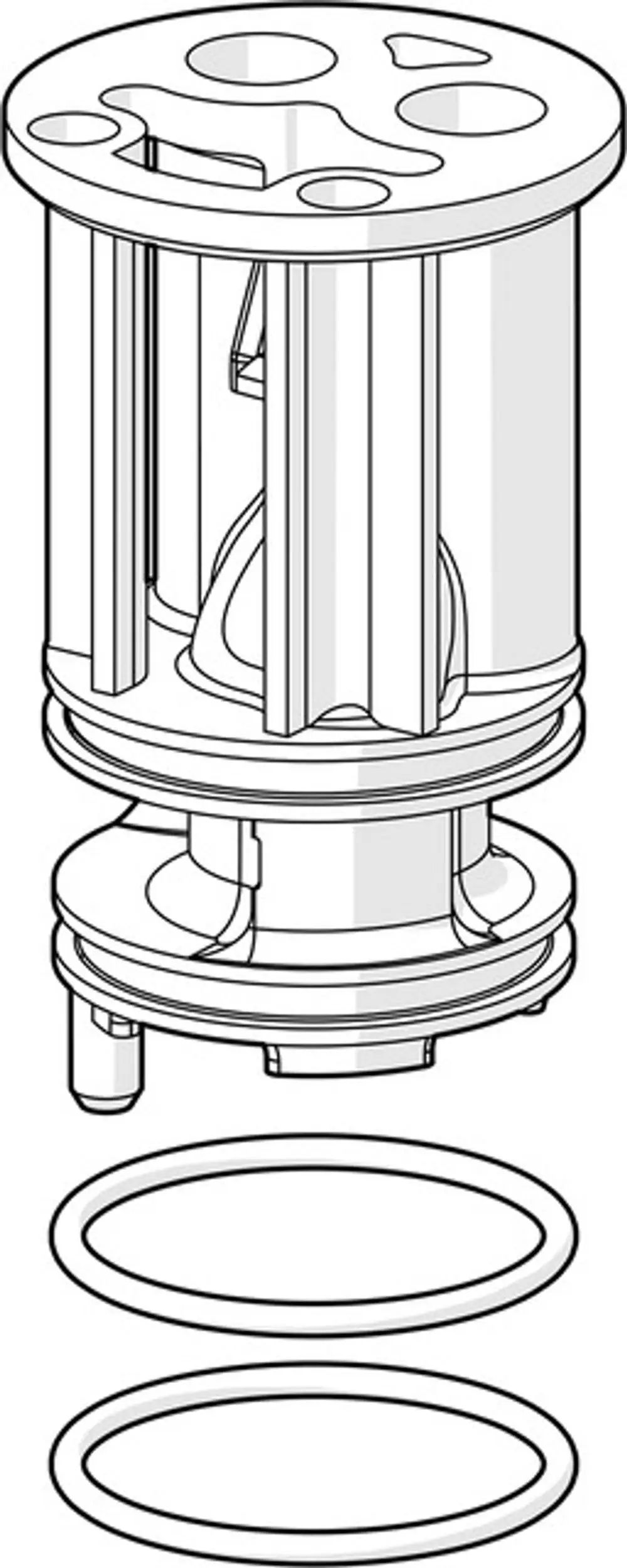 HANSAMATRIX-Adapter in transparenter Zeichnung mit verschiedenen Einlassöffnungen und zwei Dichtungsringen unten. Geeignet für Anwendungen im Sanitärbereich.