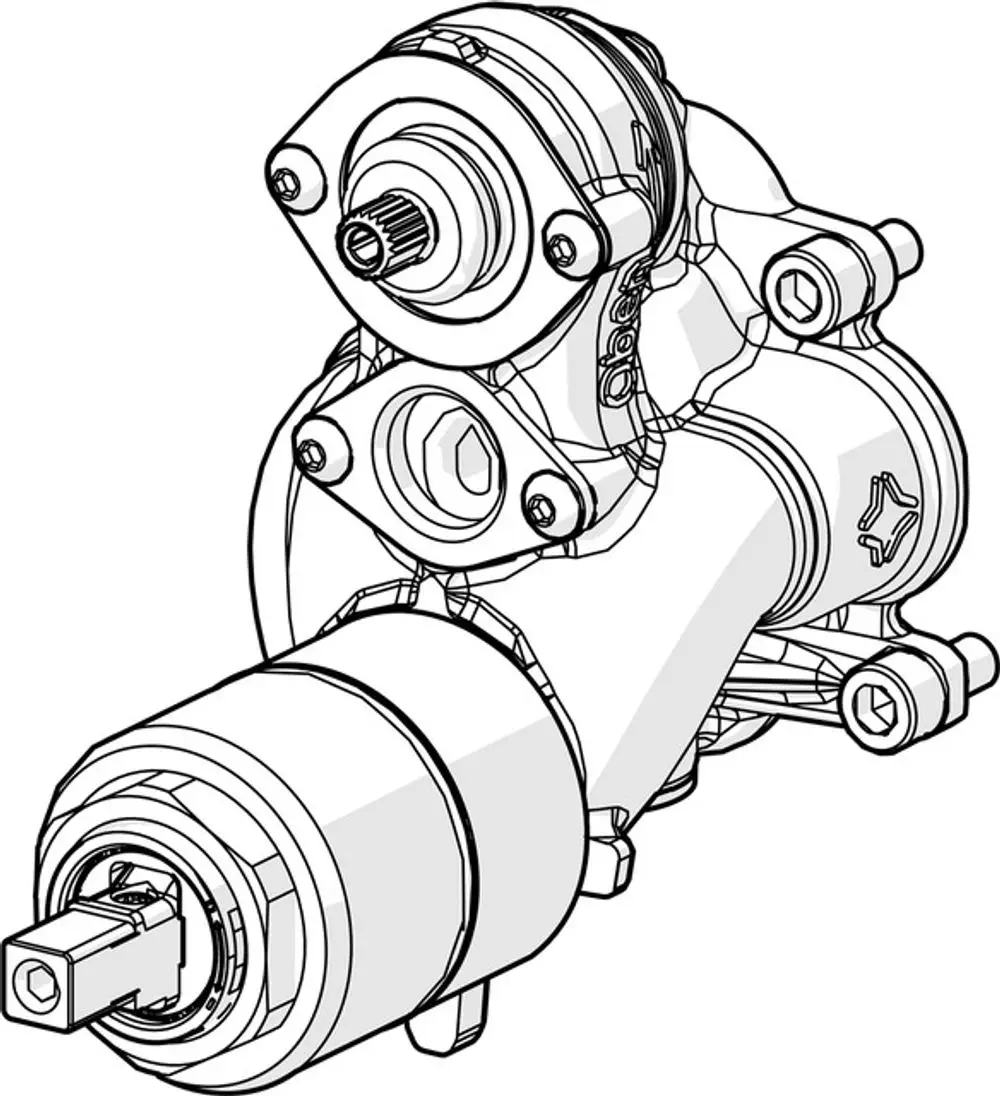 Zeichnung eines Produkts von HANSA, das eine komplexe mechanische Funktionseinheit zeigt. Detailreiche Darstellung der Komponenten in einem technischen Design.