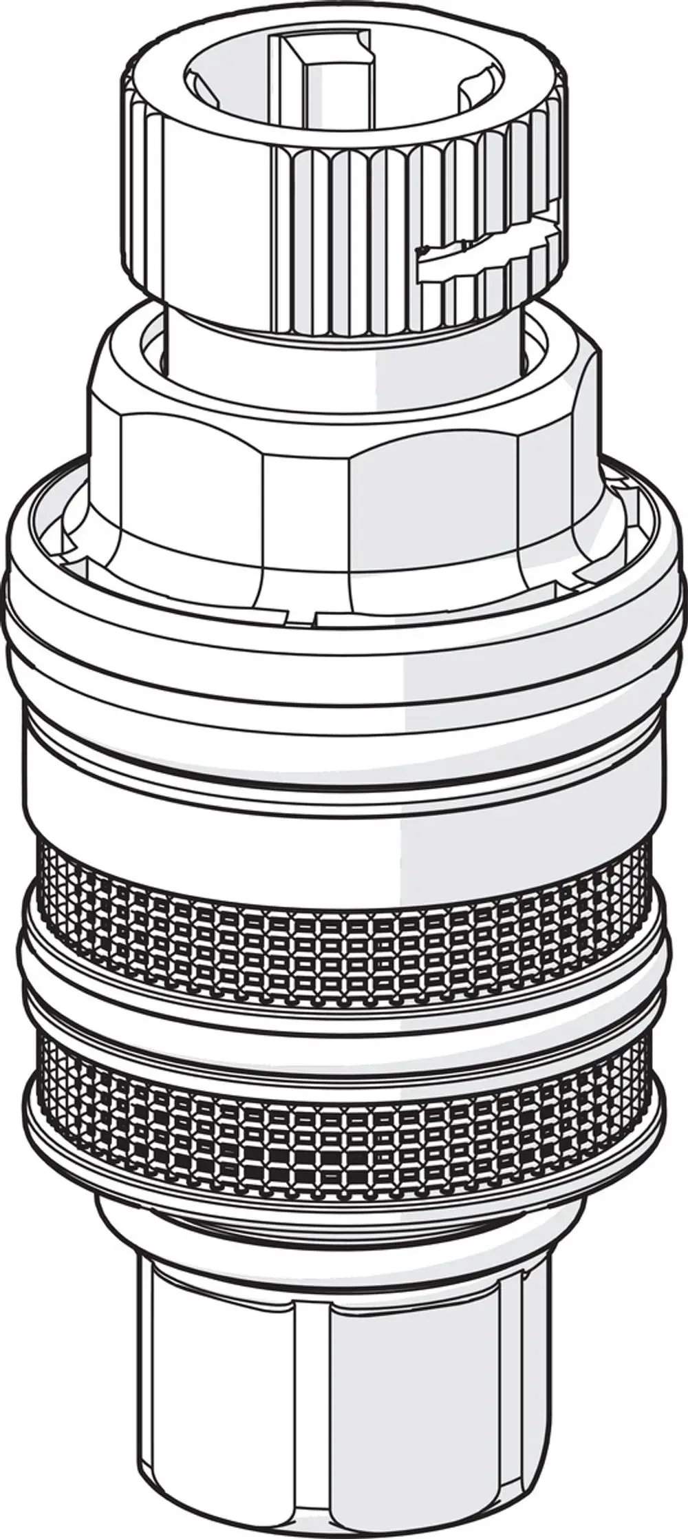 Abgebildet ist eine Hansa Thermostatkartusche mit einem zylindrischen Design und Rillenstruktur. Die Kartusche besitzt eine konische Unterseite zur Befestigung.