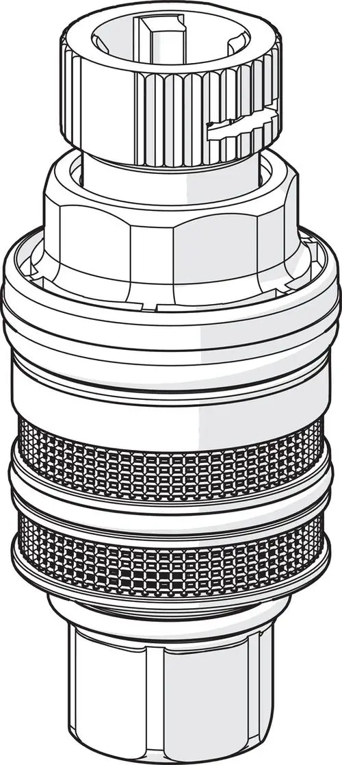 Abgebildet ist eine Hansa Thermostatkartusche mit einem zylindrischen Design und Rillenstruktur. Die Kartusche besitzt eine konische Unterseite zur Befestigung.