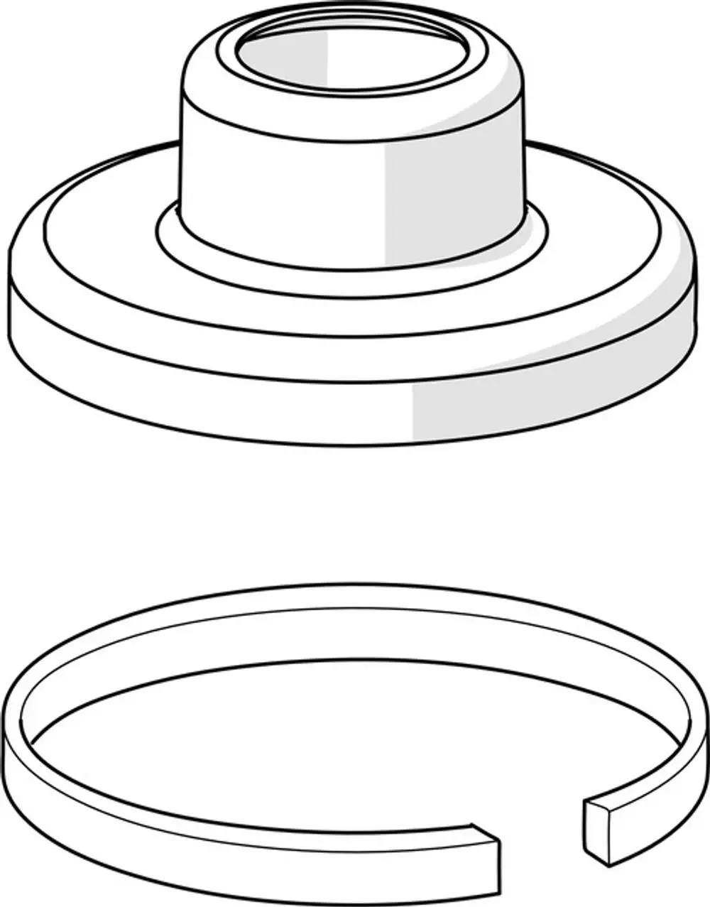 Zylinderförmiges Teil mit hohem Mittelteil und flacher Basis, zusammen mit einem runden Ring. Hergestellt von HANSA.