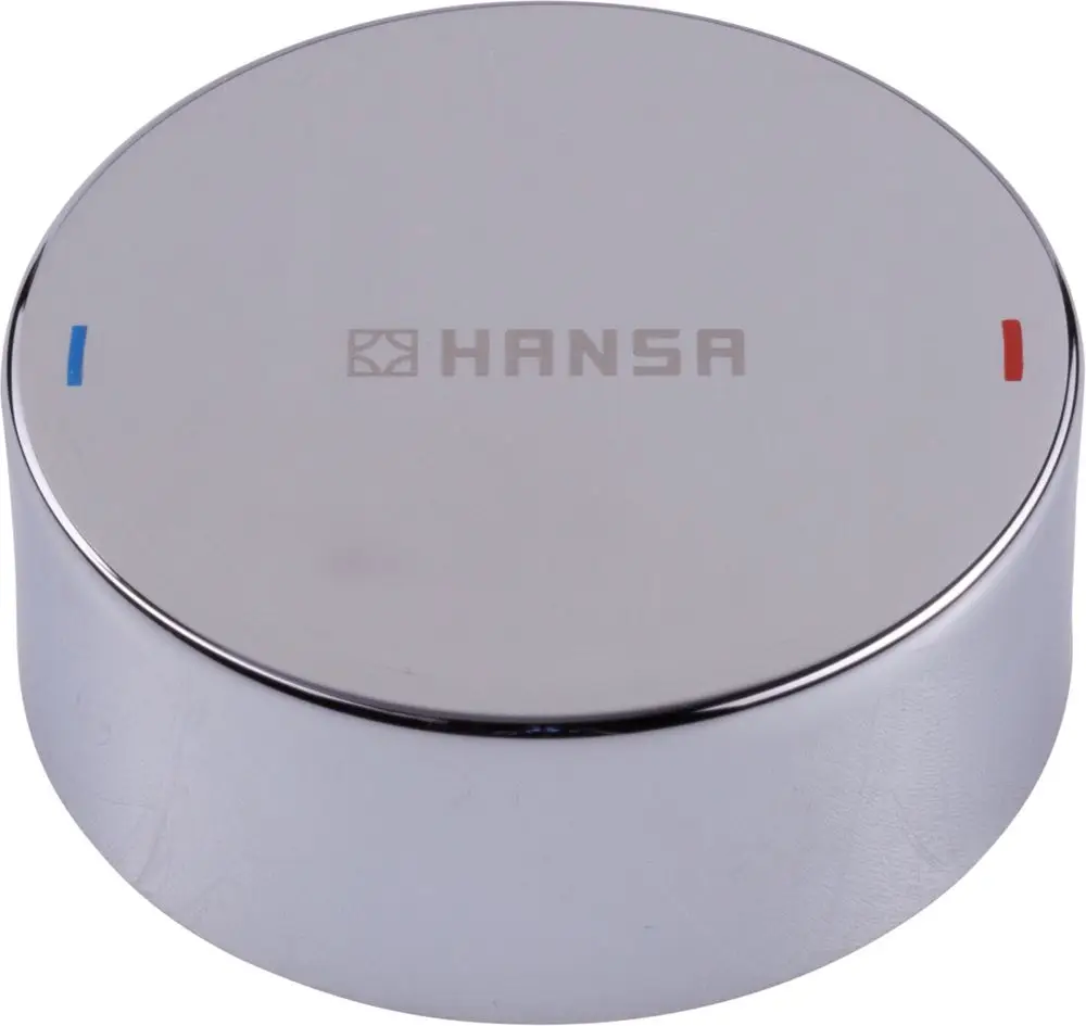 Edelstahl Abdeckkappe mit markierten Temperaturanzeigen in Rot und Blau. Logo der Marke HANSA sichtbar auf der oberen Fläche der Kappe.