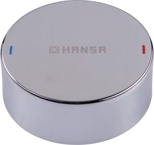 Edelstahl Abdeckkappe mit markierten Temperaturanzeigen in Rot und Blau. Logo der Marke HANSA sichtbar auf der oberen Fläche der Kappe.
