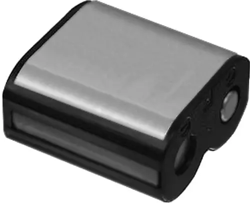 Schwarze Lithiumbatterie mit flacher, rechteckiger Form und zwei Kontakten an der Unterseite, hergestellt von HANSA.