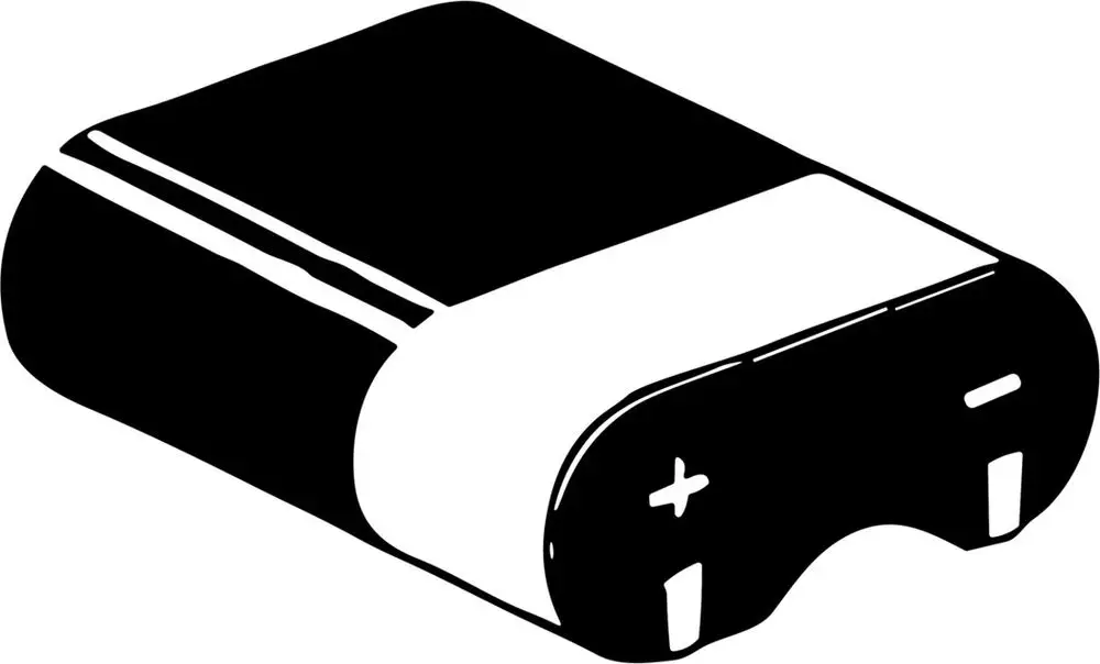 Schwarze Lithiumbatterie mit weißem Streifen und Plus-/Minuszeichen, präsentiert von HANSA. Das Design ist kompakt und schlicht, ideal für elektrisches Zubehör.
