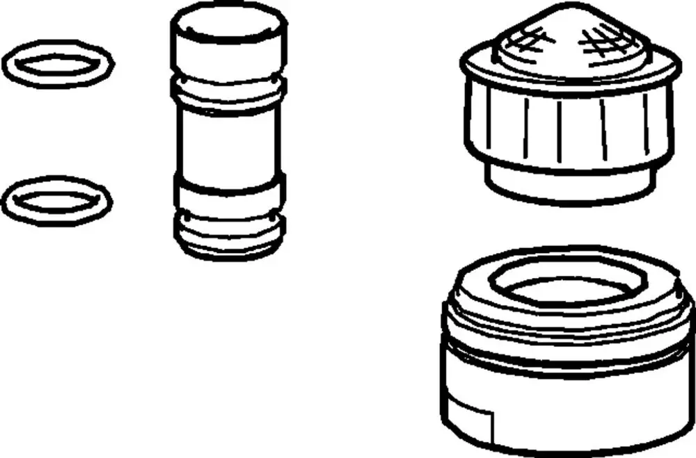 Entleerungsventil von HANSA mit zwei Dichtungsringen, einem zylindrischen Element und einem kegelförmigen Teil, dargestellt in schematischer Zeichnung.
