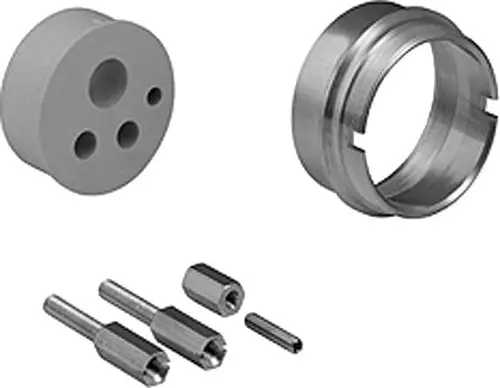 Verlängerungssatz aus grauem Kunststoff und Metallteilen, bestehend aus einer runden Basis mit Löchern und mehreren Metallstiften. Produkt von HANSA.