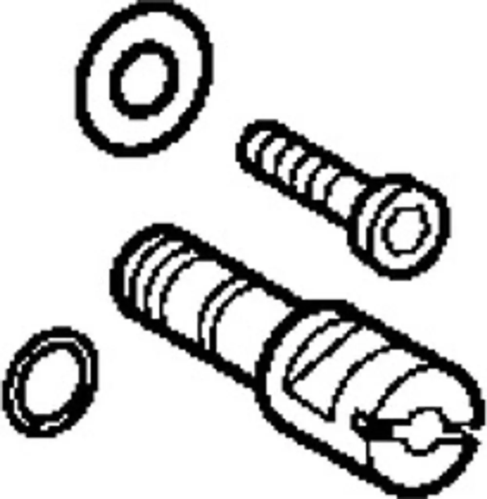 Illustration von Bauteilen, darunter eine Spindel mit einer Verzahnung und zwei Schrauben sowie Unterlegscheiben, vermutlich von der Marke HANSA.