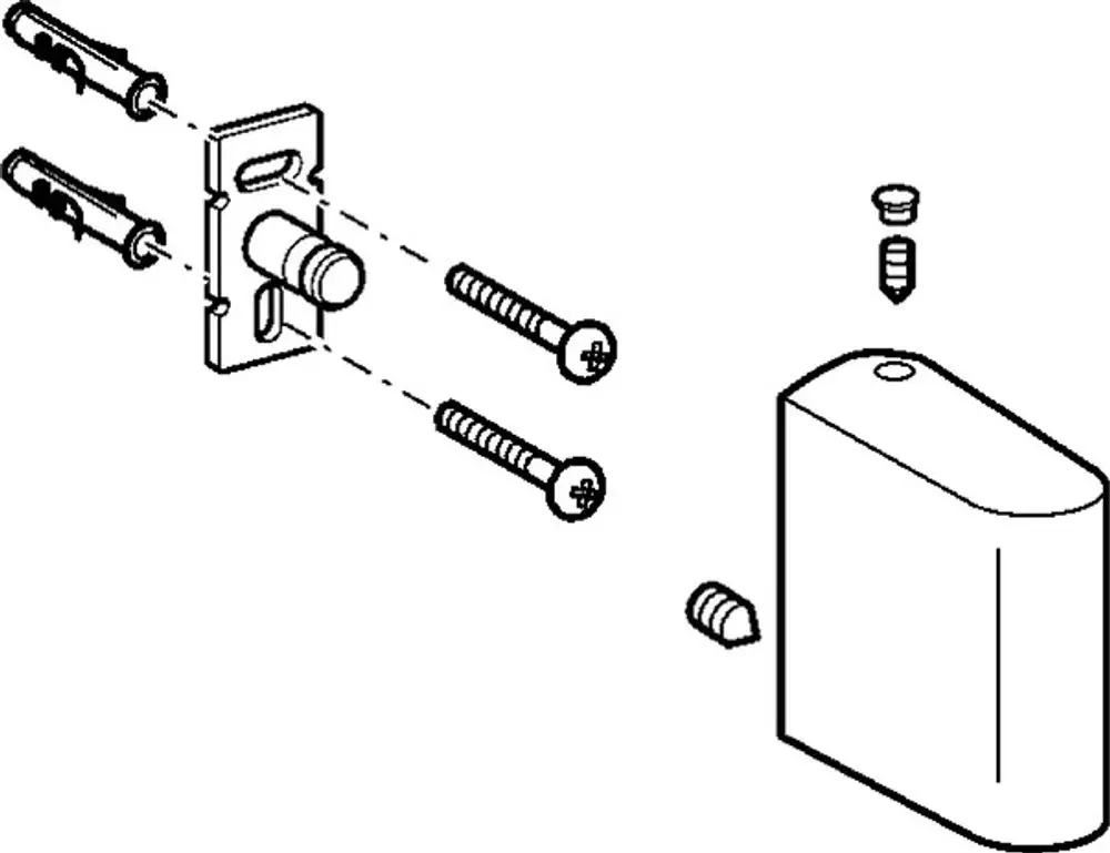 Montageanleitung für eine Wandhalterung von HANSA mit Schrauben, Dübel und einer Abdeckung. Teile sind schematisch dargestellt.