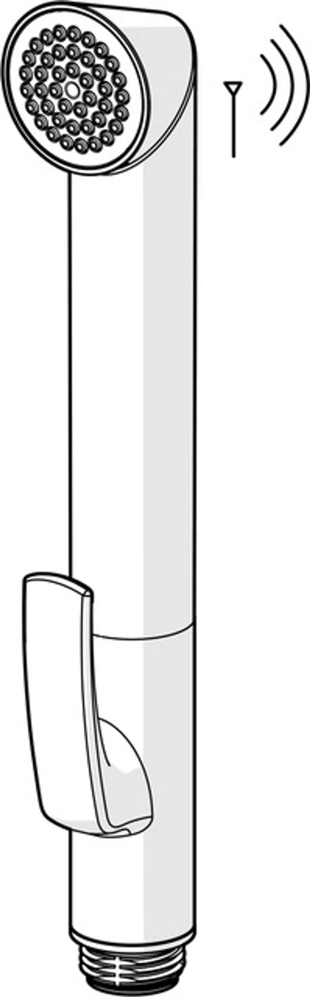 Handbrause mit runder Kopfpartie und integriertem Halter, gefertigt von HANSA. Der Anschluss ist sichtbar und das Design ist schlicht.