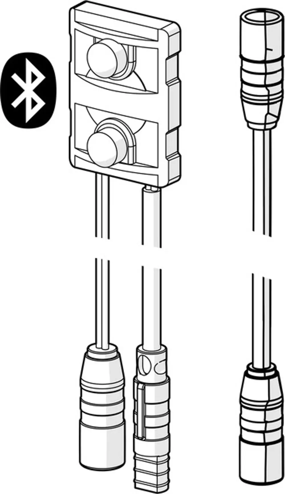 Bluetooth-fähiges Steuergerät von HANSA, mit zwei Drehreglern und anschlussfertigen Kabeln. Dargestellt in einfacher Linienzeichnung ohne Farben oder Maße.