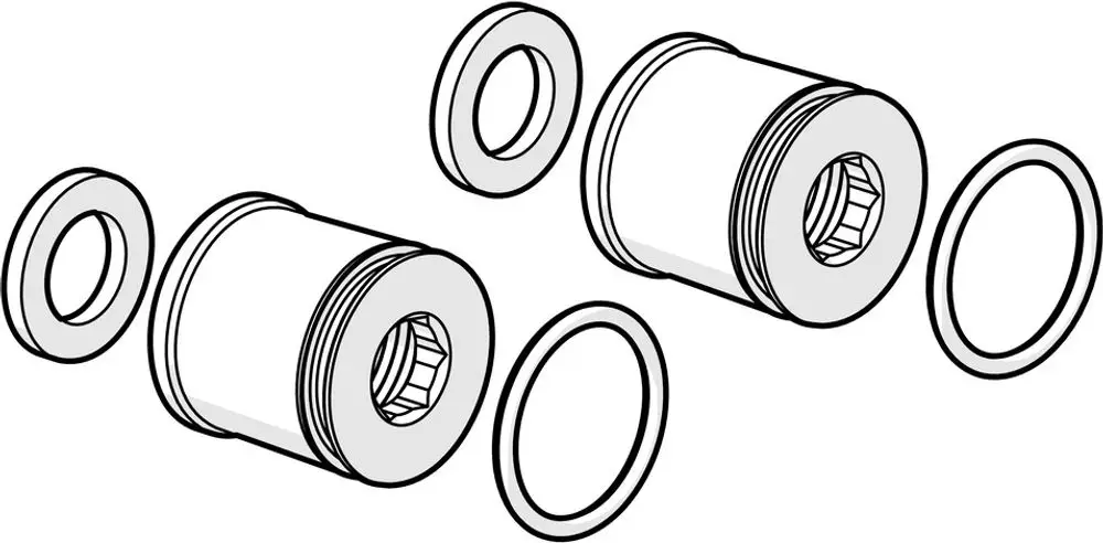 Zwei kurze zylindrische Adapter mit sechseckigem Innenprofil und zwei Dichtungsringen, die zur Verwendung mit Produkten von HANSA geeignet sind.