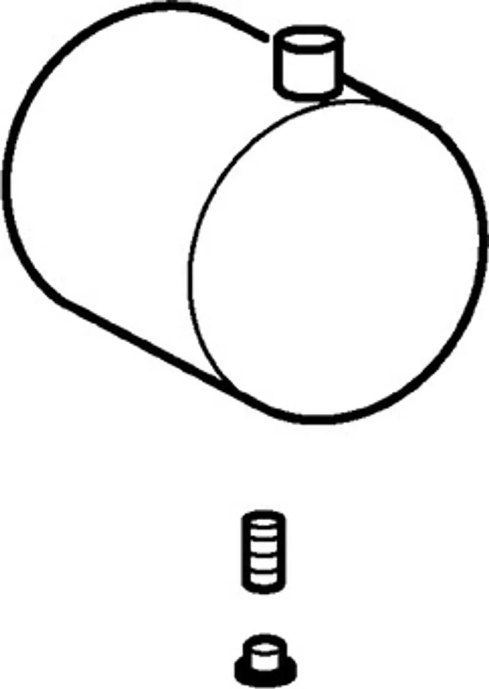 Schematik eines runden Tanks mit einem seitlichen Anschluss und zwei verschiedenen Gewindeteilen darunter, möglicherweise für HANSA-Armaturen oder ähnliche Anwendungen.