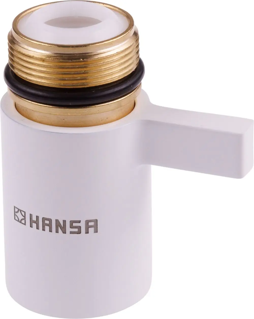 Weißes Gehäuse mit goldfarbenem Gewinde und einem schwarz-gummikring um die Verbindung. Logo der Marke HANSA auf der Vorderseite sichtbar.