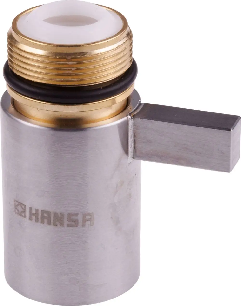 Edelstahl-Oberteil mit goldenem Gewinde und seitlichem Hebel. Das Produkt trägt die Marke HANSA und wird typischerweise in Sanitäranlagen verwendet.