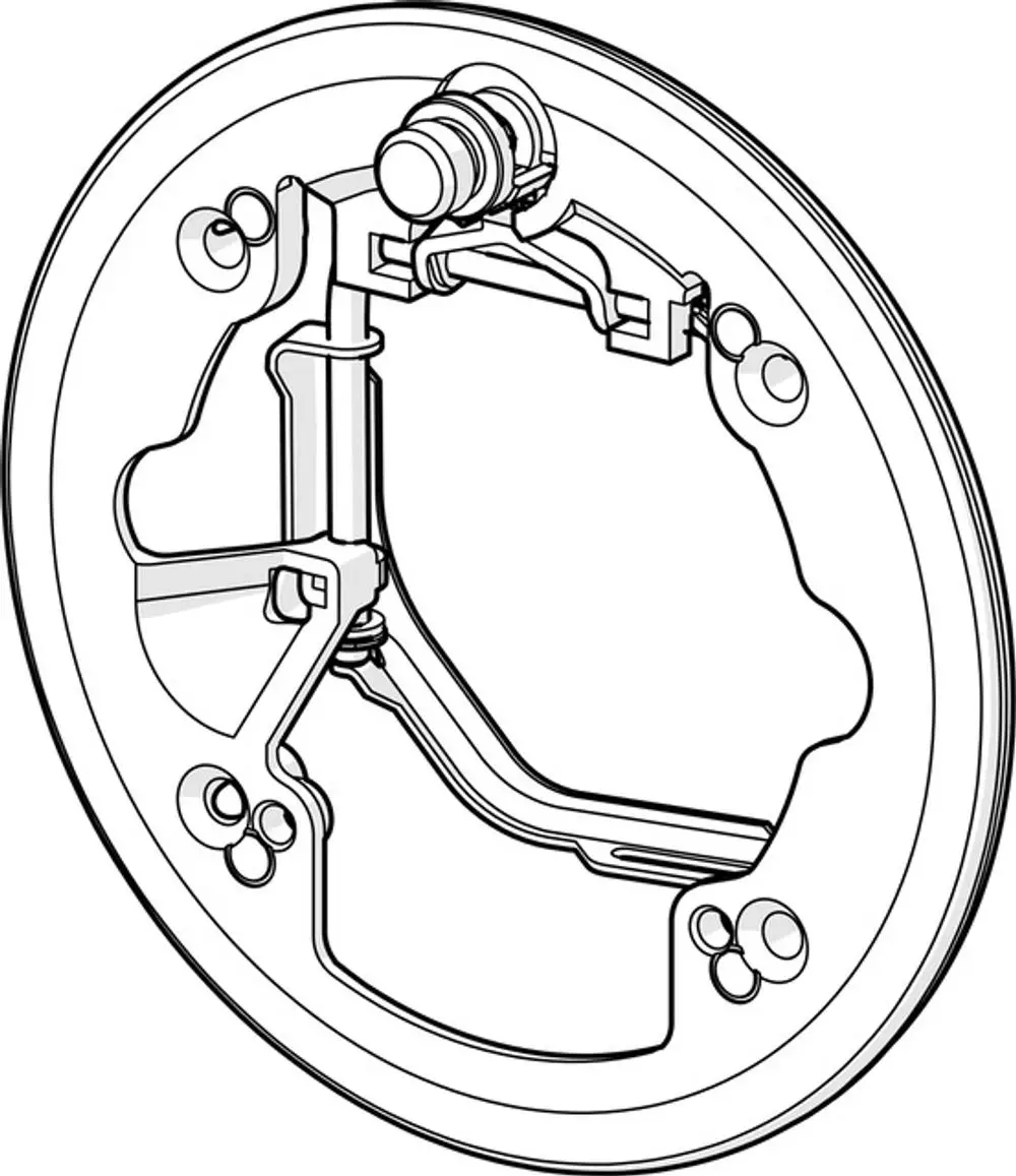 Technische Zeichnung einer Befestigungsplatte, das Innere zeigt Anbauteile und Mechanismen. Produkt von HANSA.