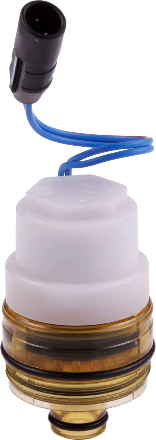 Magnetventil mit schwarzem Kabel und Stecker, kombiniert mit transparentem Gehäuse und gelben Elementen, hergestellt von HANSA.
