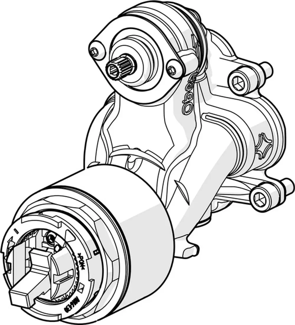 HANSA-Funktionseinheit mit Antrieb und Anschluss für hydraulische Anwendungen, abgebildet in isometrischer Ansicht, zeigt Detailansicht der Konstruktion und Montagepunkte.
