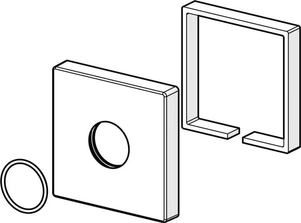 Deckplatte von HANSA, quadratisch mit einer runden Aussparung in der Mitte, dargestellt in einer technischen Zeichnung. Zwei Varianten sind abgebildet: eine flache Platte und ein U-förmiger Rahmen.