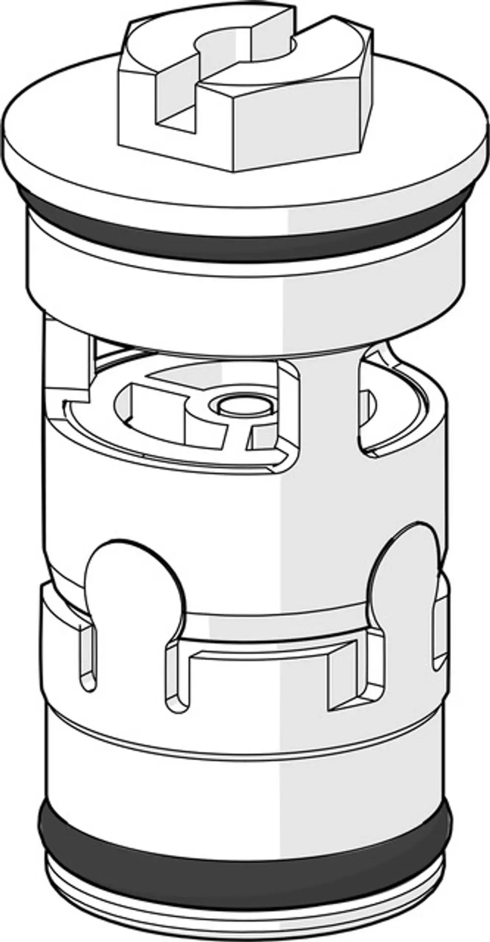 Schmutzfilter-Rückflussverhinderer von HANSA, in zylindrischer Form mit mehreren inneren Mechanismen zur Filterung, schwarz-weißer Farbkombination und Dichtungsring am Boden.
