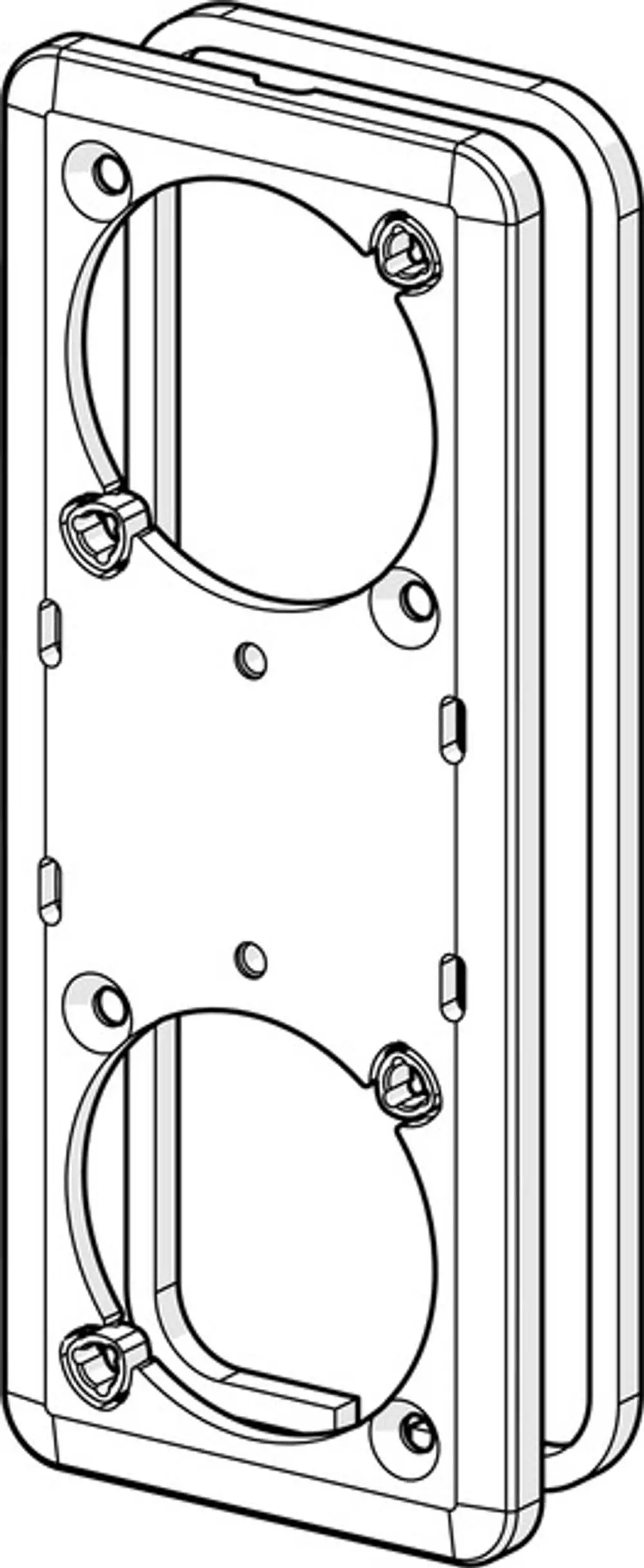 Halterplatte von HANSA mit zwei runden Aussparungen und mehreren Montagebohrungen. Die Platte hat eine flache, rechteckige Form und ist für die Wandmontage konzipiert.