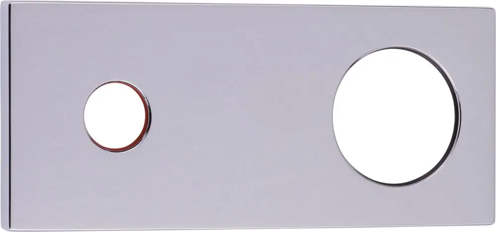 Deckplatte aus Chrom mit zwei Ausschnitten, einem größeren und einem kleineren, für die Montage von HANSA-Produkten. Die Oberfläche ist glatt und reflektierend.