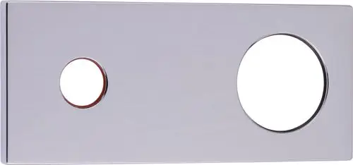 Deckplatte aus Chrom mit zwei Ausschnitten, einem größeren und einem kleineren, für die Montage von HANSA-Produkten. Die Oberfläche ist glatt und reflektierend.