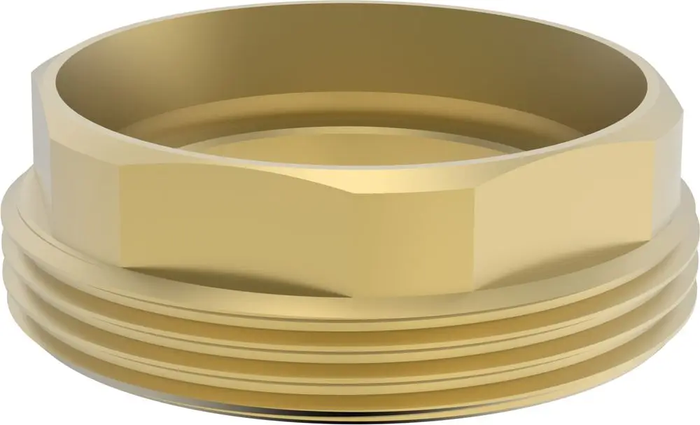Goldfarbene Spannmutter mit sechseckigem Kopf und Gewinde. Geeignet für Anwendungen in Verbindung mit Produkten der Marke HANSA.