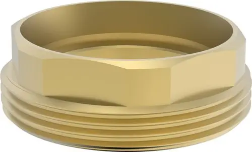 Goldfarbene Spannmutter mit sechseckigem Kopf und Gewinde. Geeignet für Anwendungen in Verbindung mit Produkten der Marke HANSA.